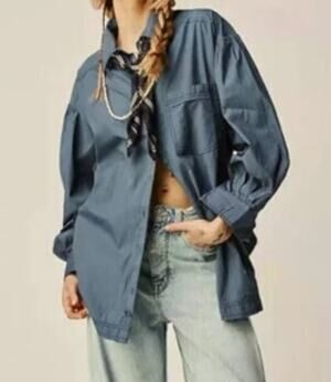 Free People We the Free Blue Happy Hour Oversized Oxford Shirt sz XS